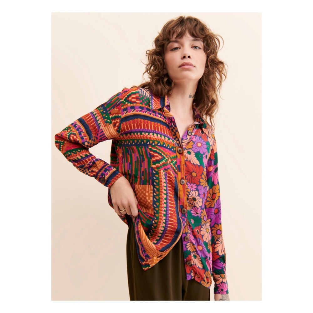 NWOT FARM Rio Multicolor Patchwork Floral Button-Up Top